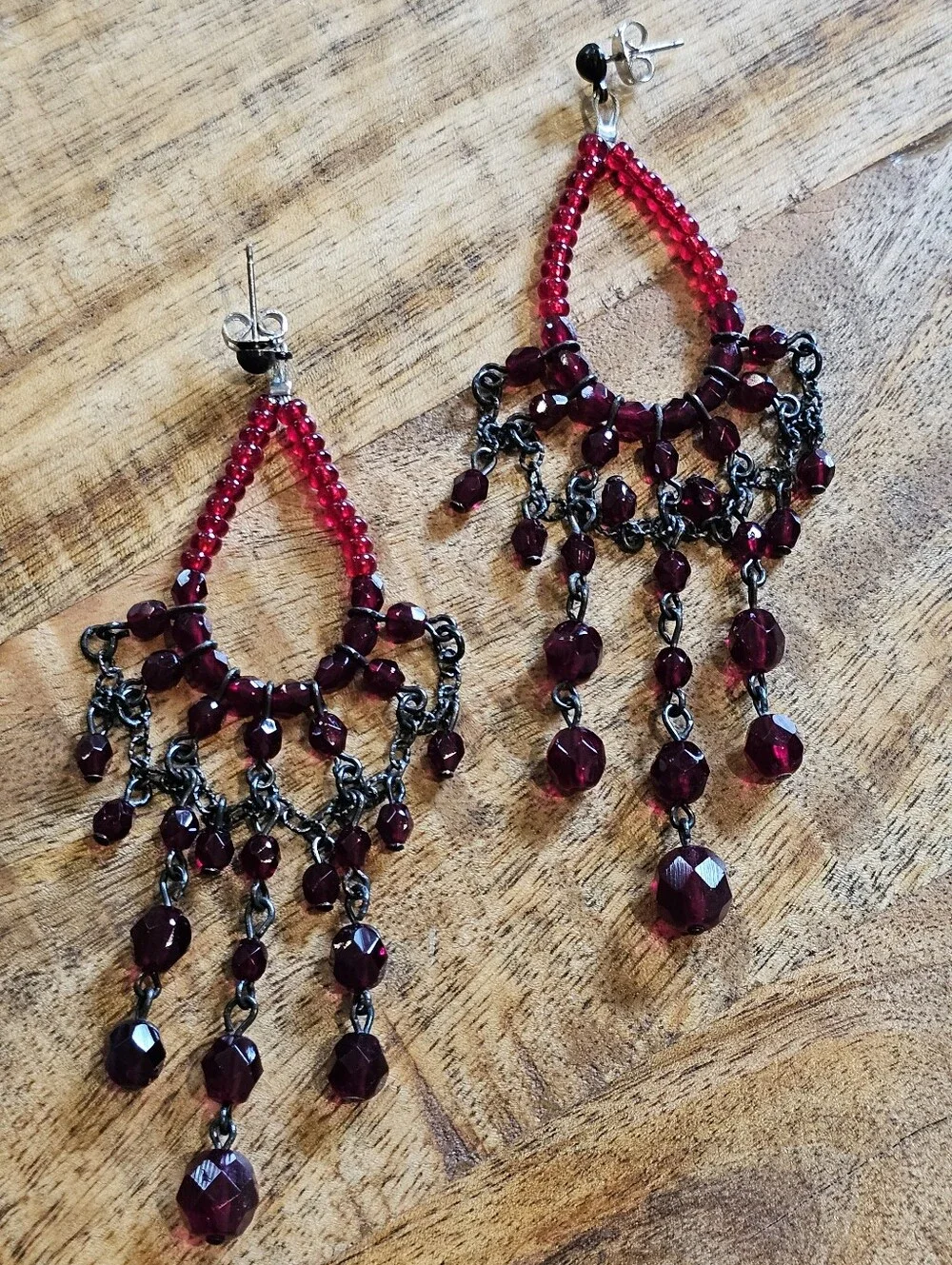 Ruby Red Beaded Chandelier Earrings w/ Gunmetal Hardware